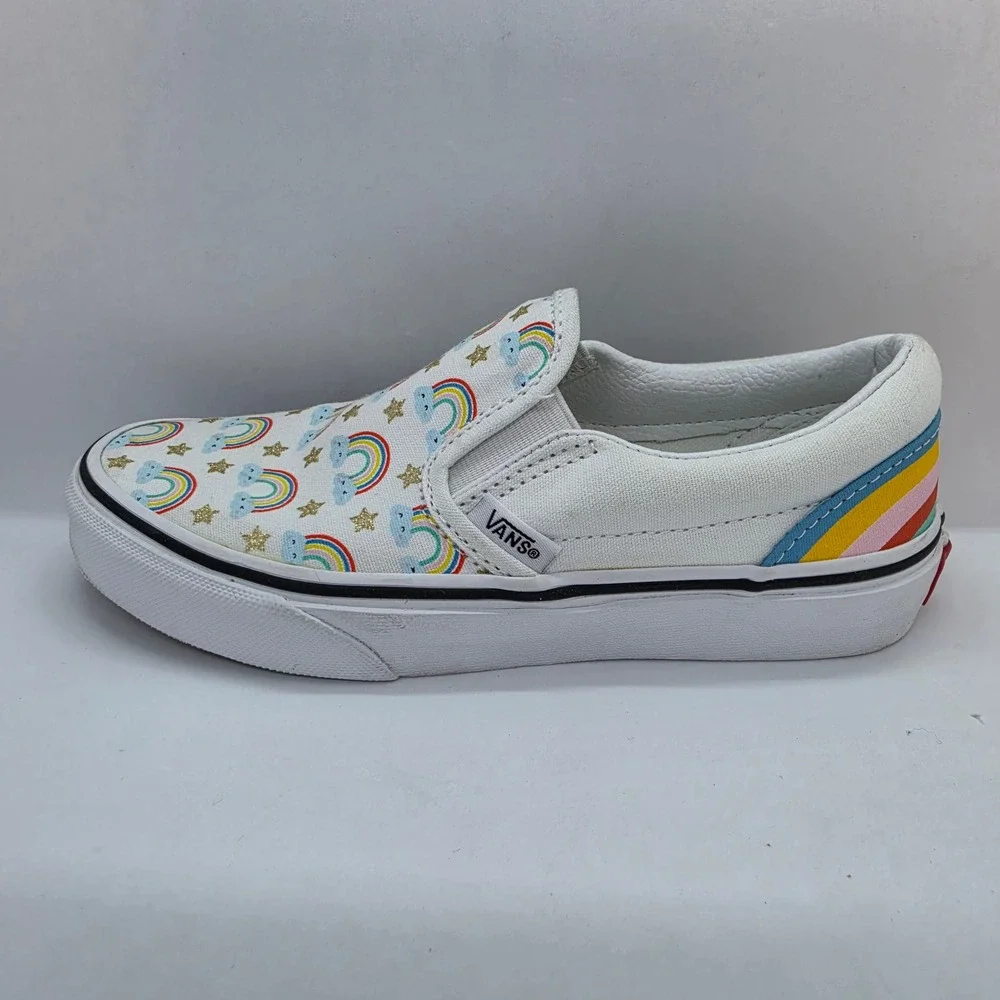Vans Kids Classic Slip-On Rainbow Star Glitter White Canvas Shoes Size‎ 2.5 Kids